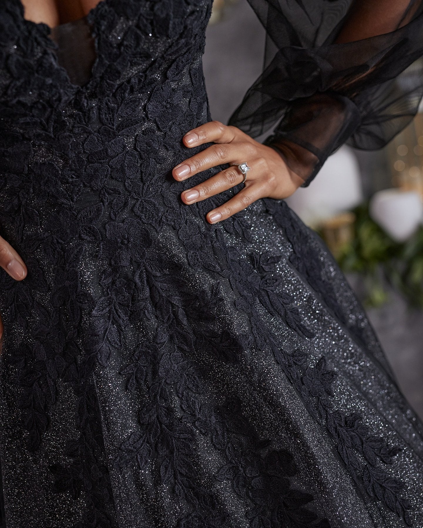 A-line V neck Black Prom Dress Long Sleeve Lace Applique Tulle Evening SELINADRESS A-line V neck Black Prom Dress Long Sleeve Lace Applique Tulle Evening SELINADRESS