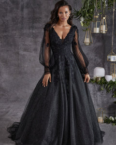 A-line V neck Black Prom Dress Long Sleeve Lace Applique Tulle Evening Gowns #POL025|Selinadress