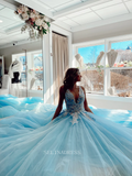 A-line V neck Blue Long Prom Dress Applique Beaded Formal Dresses Evening Dress KPY047|Selinadress