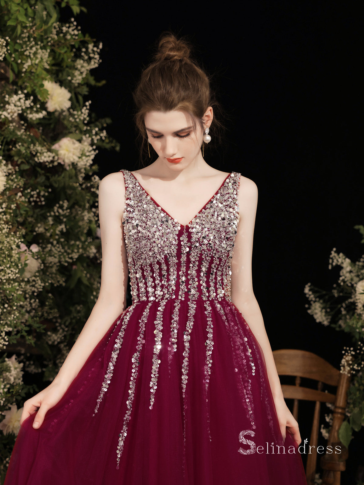 A-line V neck Burgundy Long Prom Dress Sparkly Beaded Evening Gowns MH SELINADRESS A-line V neck Burgundy Long Prom Dress Sparkly Beaded Evening Gowns MH SELINADRESS
