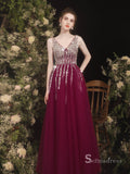 A-line V neck Burgundy Long Prom Dress Sparkly Beaded Evening Gowns MHL2873|Selinadress