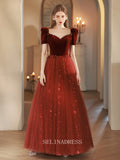 A Line V neck Burgundy Prom Dress Vintage Long Evening Dress Princess Dresses OCN007|Selinadress