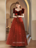 A Line V neck Burgundy Prom Dress Vintage Long Evening Dress Princess Dresses OCN007|Selinadress