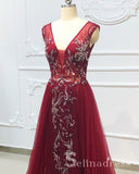 A-line V neck Crystal Beaded Open Back Gorgeous Burgundy Long Evening Dresses SED056|Selinadress