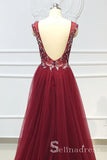 A-line V neck Crystal Beaded Open Back Gorgeous Burgundy Long Evening Dresses SED056|Selinadress