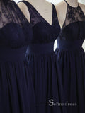 A-line V neck Dark Navy Bridesmaid Dress Cheap Lacw Bridesmaid Dresses BRD010|Selinadress