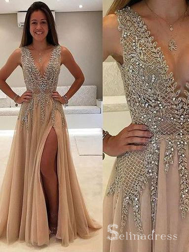 A-line V-neck Gorgeous Long Prom Dress Thigh Split Sparkly Formal Gowns SED024