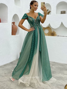 A line V neck Green Long Prom Dresses Cap Sleeve Sparkly Evening Dresses Formal Dress POL02|Selinadress