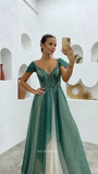 A line V neck Green Long Prom Dresses Cap Sleeve Sparkly Evening Dresses Formal Dress POL02|Selinadress