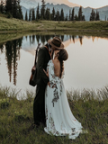 A-line V neck Half Sleeve Embroidery Long Wedding Dress Rustic Formal Evening Dresses KTC002|Selinadress