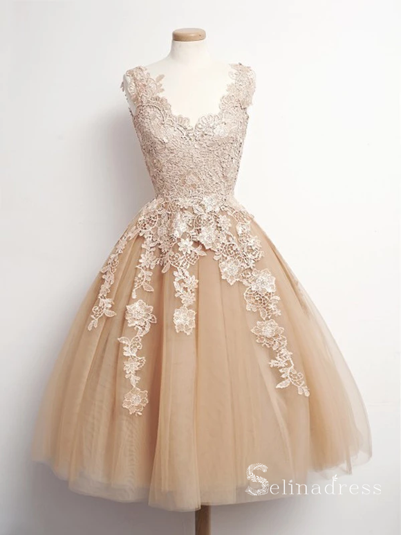 A-line V-Neck Knee Length Champagne Tulle Homecoming Dress Short Prom Dresses #MHL055|Selinadress