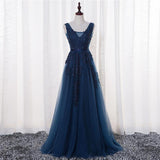 A-Line V-neck Lace Prom Dress Dark Navy Long Formal Gowns Dress Evening Dresses SE005