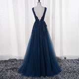 A-Line V-neck Lace Prom Dress Dark Navy Long Formal Gowns Dress Evening Dresses SE005