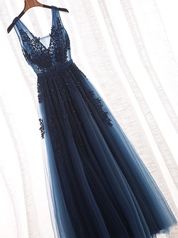 A-Line V-neck Lace Prom Dress Dark Navy Long Formal Gowns Dress Evenin SELINADRESS A-Line V-neck Lace Prom Dress Dark Navy Long Formal Gowns Dress Evenin SELINADRESS