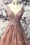 A-line V neck Lace Prom Dresses Gorgeous Long Formal Dresses Evening Gowns SED075