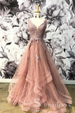 A-line V neck Lace Prom Dresses Gorgeous Long Formal Dresses Evening Gowns SED075