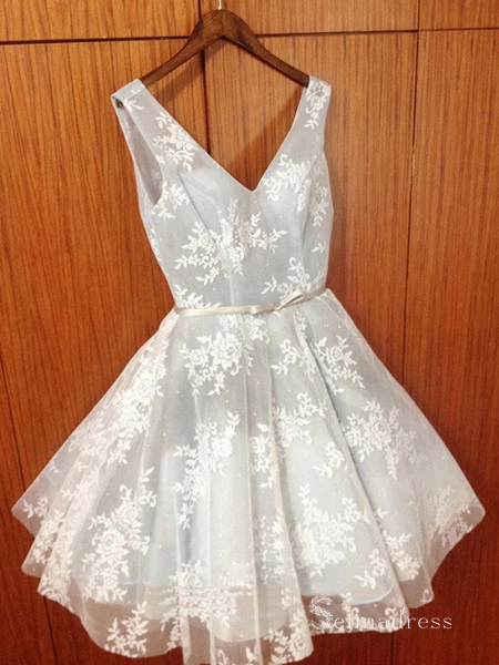 A-line V-neck Lace Short Prom Drsess Gray Homecoming Dresses #MHL063|Selinadress