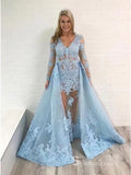 A-line  V neck Light Sky Blue Lace Prom Dresses Long Sleeve Evening Gowns MHL139|Selinadress