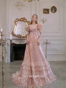 A-line V neck Long Prom Dress Pink Sequins Princess Dress With Sleeve Long Evening Dress OSTY016|Selinadress