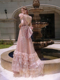 A-line V neck Long Prom Dress Pink Sequins Princess Dress With Sleeve Long Evening Dress OSTY016|Selinadress
