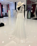 A-line V neck Long Sleeve Embroidery Wedding Dress Romantic Bridal Dresses RYU025|Selinadress