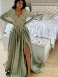 A-line V neck Long Sleeve Green Long Prom Dress Sequins Sparkly Evening Dresses HLK010|Selinadress