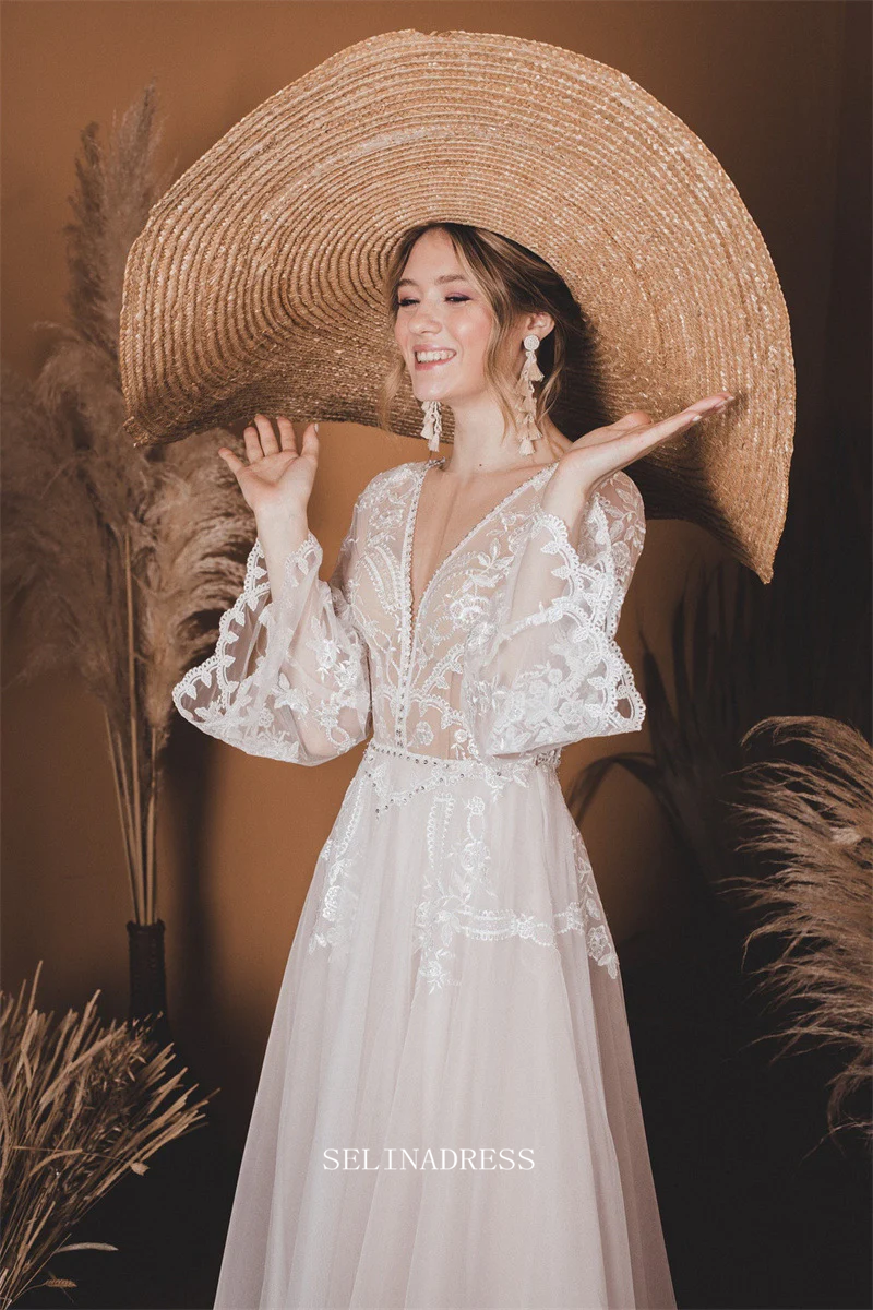 A Line V neck Long Sleeve Ivory Wedding Dress Boho Lace Custom Wedding –  SELINADRESS