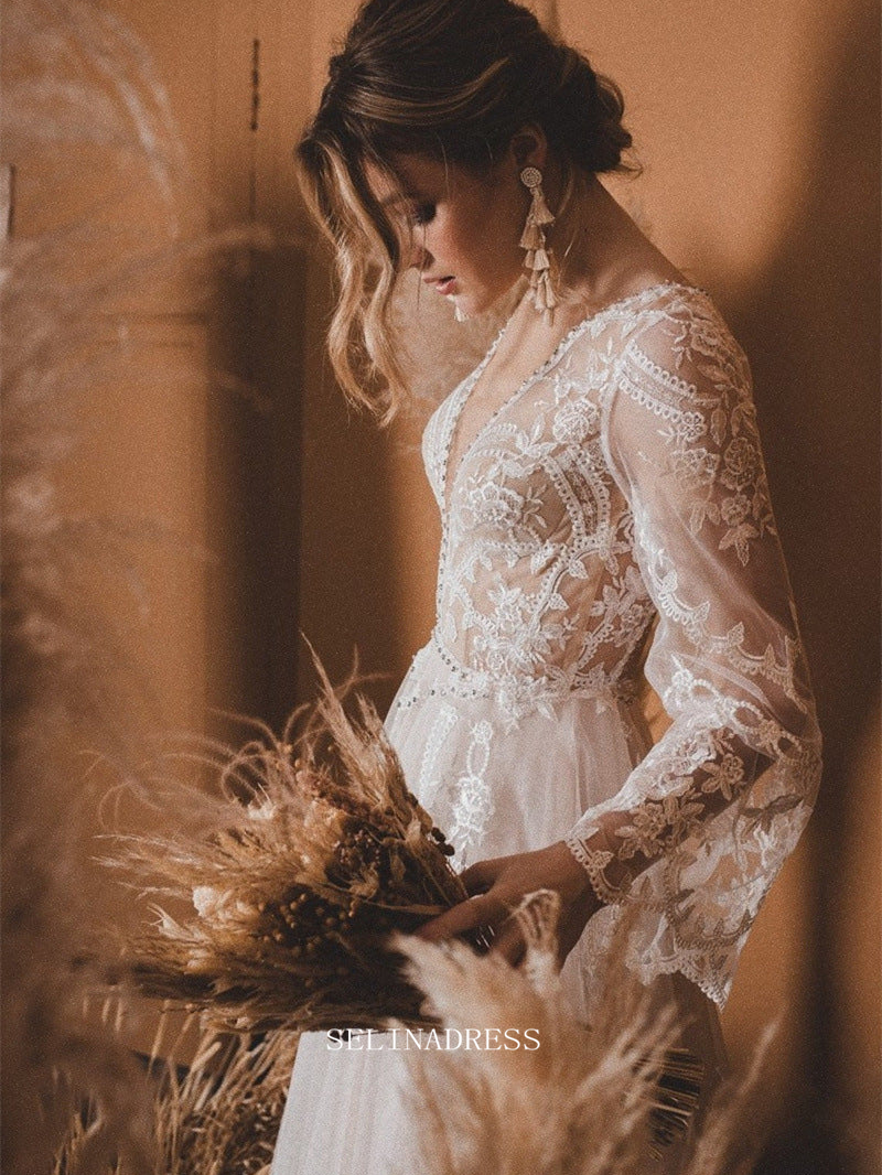 A Line V neck Long Sleeve Ivory Wedding Dress Boho Lace Custom Wedding Dress GRDK013 A Line V neck Long Sleeve Ivory Wedding Dress Boho Lace Custom Wedding Dress GRDK013