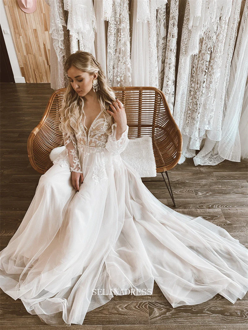 A Line V neck Long Sleeve Ivory Wedding Dress Boho Lace Custom Wedding Dress GRDK013 A Line V neck Long Sleeve Ivory Wedding Dress Boho Lace Custom Wedding Dress GRDK013