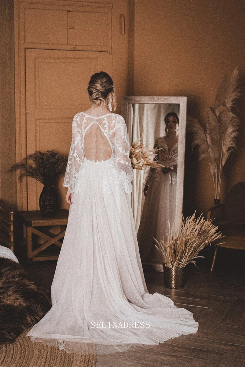 A Line V neck Long Sleeve Ivory Wedding Dress Boho Lace Custom Wedding SELINADRESS A Line V neck Long Sleeve Ivory Wedding Dress Boho Lace Custom Wedding SELINADRESS