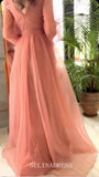 A-line V neck Long Sleeve Long Prom Dress Cheap Beaded Evening Dresses HLK029|Selinadress