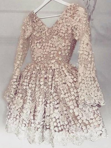 A-line V neck Long Sleeve Pink Homecoming Dress Short Prom Dress RYU056|Selinadress