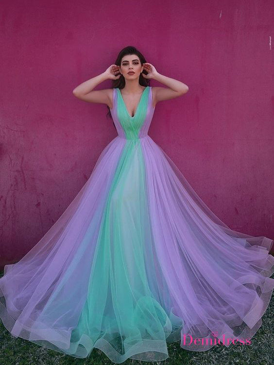 A-line V neck Multicolor Prom Dress Tulle Ombre Evening Gowns #POL055|Selinadress