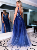 A-line V neck Navy Prom Dresses Sparkly Long Evening Gowns CBD481|Selinadress
