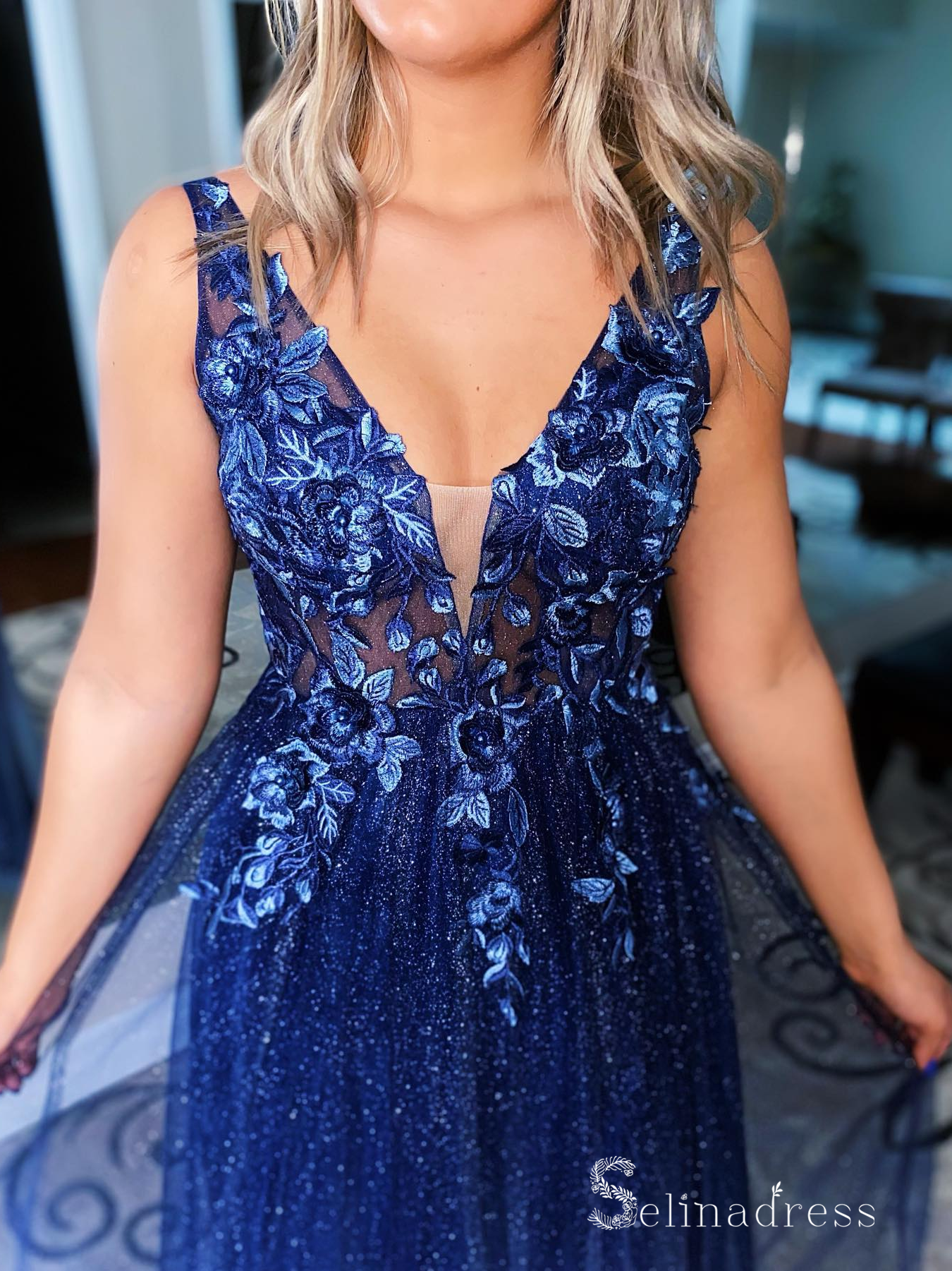 A-line V neck Navy Prom Dresses Sparkly Long Evening Gowns CBD481 SELINADRESS A-line V neck Navy Prom Dresses Sparkly Long Evening Gowns CBD481 SELINADRESS