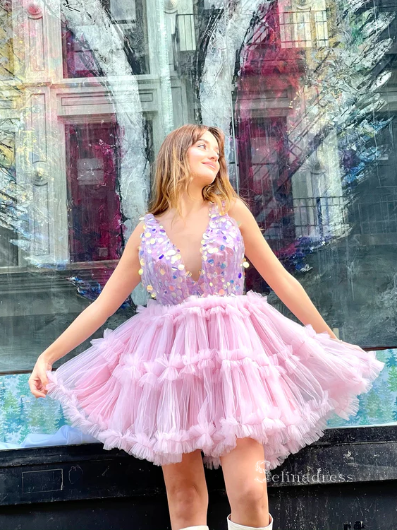A-line V neck Pink Charming Short Prom Dress Sparkly Homecoming Dress RYU070|Selinadress