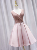 A-line V neck Pink Cute Homecoming Dress Sequins Short Prom Dresses EDS024|Selinadress