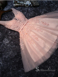 A-line V neck Pink Homecoming Dress Cute Juniors Short Prom Drsess MHL054|Selinadress
