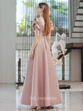 A-line V neck Pink Long Prom Dress Satin Long Evening Dresses Bridal Dress With Sleeve Party Dress OCN011|Selinadress