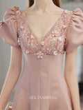 A-line V neck Pink Long Prom Dress Satin Long Evening Dresses Bridal Dress With Sleeve Party Dress OCN011|Selinadress