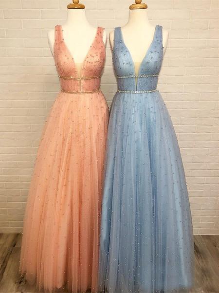 A-line V neck Prom Gowns With Beading Modest Evening Dresses SED333