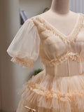 A-line V neck Puff Sleeve Short Prom Dress Beautiful Homecoming Dress lop252|Selinadress