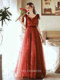 A Line V neck Red Prom Dress Long Evening Dress Party Dresses OCN004|Selinadress