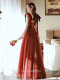 A Line V neck Red Prom Dress Long Evening Dress Party Dresses OCN004|Selinadress