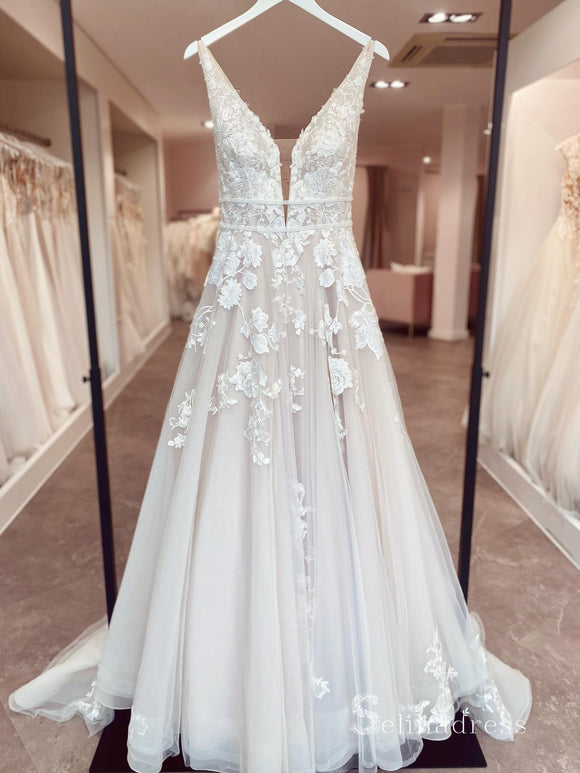A-line V neck Rustic Ivory Lace Wedding Dresses Embroidery Bridal Gowns MSL2813|Selinadress