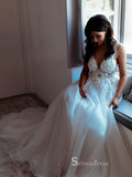 A-line V neck See Through White Wedding Dresses Applique Rustic Bridal Gowns MHL2860|Selinadress
