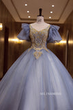 A-line V neck Short Puff Sleeve Long Prom Dress Ball Gown Beaded Princess Quinceanera YUU005|Selinadress