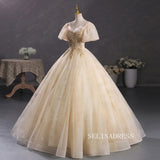 A-line V neck Short Puff Sleeve Long Prom Dress Ball Gown Beaded Princess Quinceanera YUU006|Selinadress