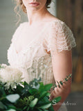 A-line V neck Short Sleeve Beach Wedding Dress Beaded Bridal Gowns # SDL005