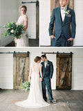 A-line V neck Short Sleeve Beach Wedding Dress Beaded Bridal Gowns # SDL005
